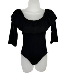 Zara Bodysuit Womens Ruffle 3/4 Sleeve Stretch Y2K 90s Black Small